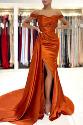 BMbride Stunning Stretch Satin Off Shoulder Evening Gown with Side Slit Detachable Train BMbride